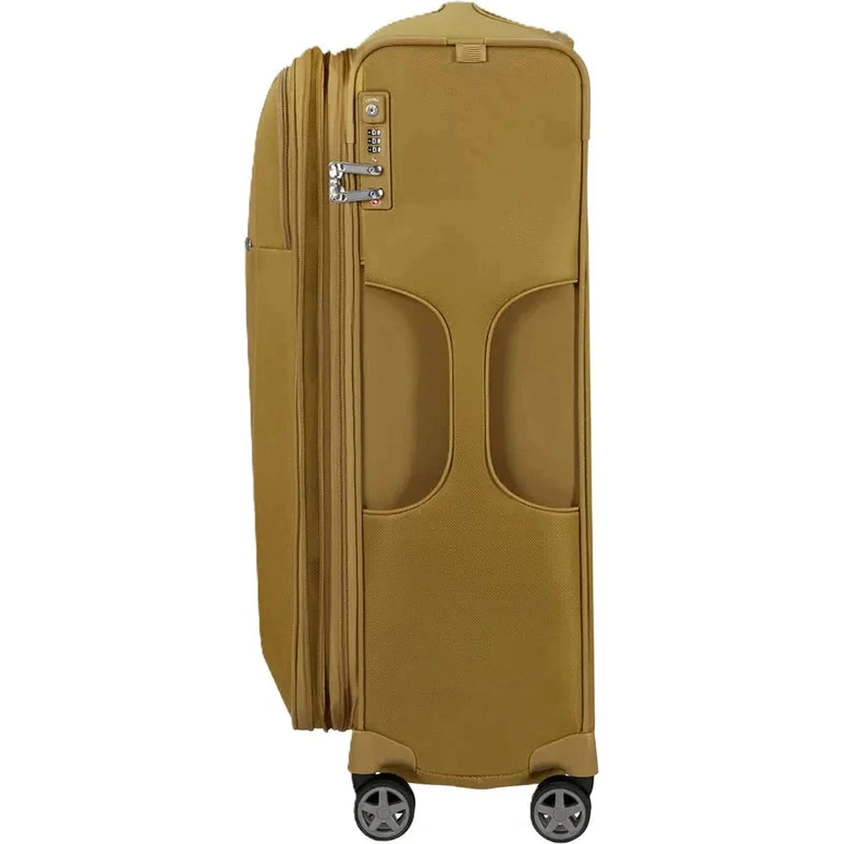 מזוודת בד Samsonite D'lite Spinner 78cm בצבע צהוב כאמל - מבט צד עם מנעול TSA, רוכסן הרחבה וגלגלי ספינר