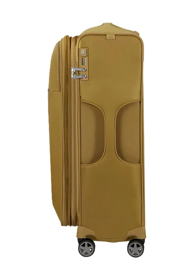 מזוודת בד Samsonite D'lite Spinner 78cm בצבע צהוב כאמל - מבט צד עם מנעול TSA, רוכסן הרחבה וגלגלי ספינר