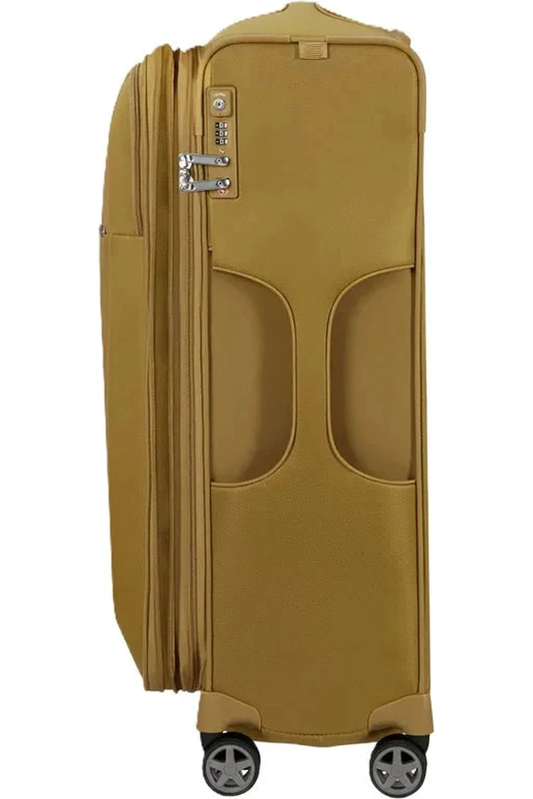 מזוודת בד Samsonite D'lite Spinner 78cm בצבע צהוב כאמל - מבט צד עם מנעול TSA, רוכסן הרחבה וגלגלי ספינר