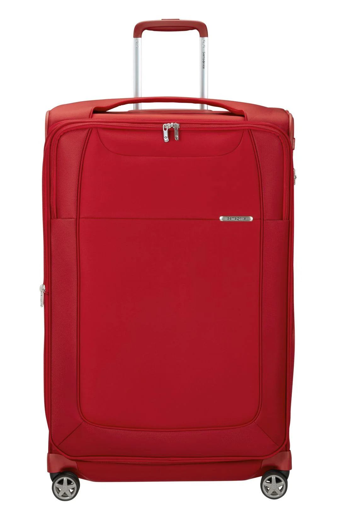 מזוודה גדולה אדומה Samsonite D'lite Spinner 78cm EXP מבט חזית עם ארבעה גלגלים וידית טלסקופית