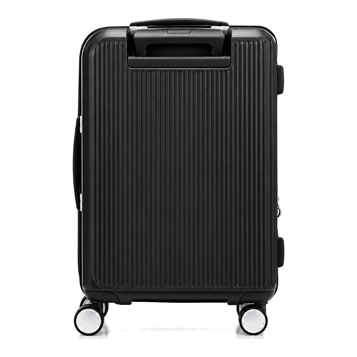 מבט אחורי של מזוודת הטרולי Samsonite Modus בצבע שחור עם בית הידית הטלסקופית בשני מוטות
