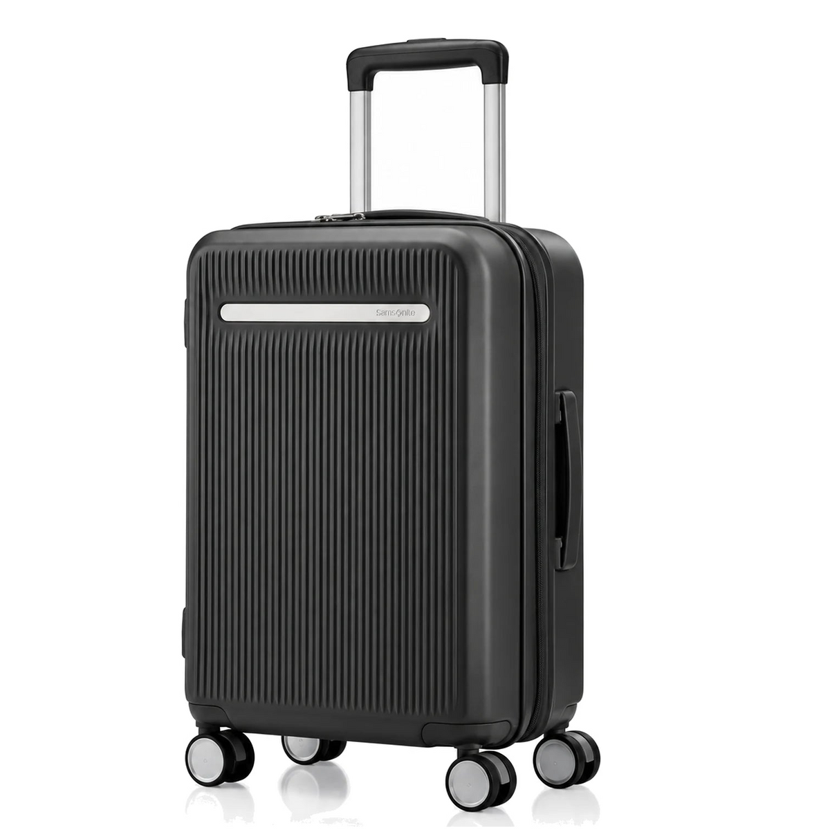 מזוודת טרולי עלייה למטוס Samsonite Modus 55 ס״מ בצבע שחור, מבט קדמי בזווית עם הידית הטלסקופית פתוחה