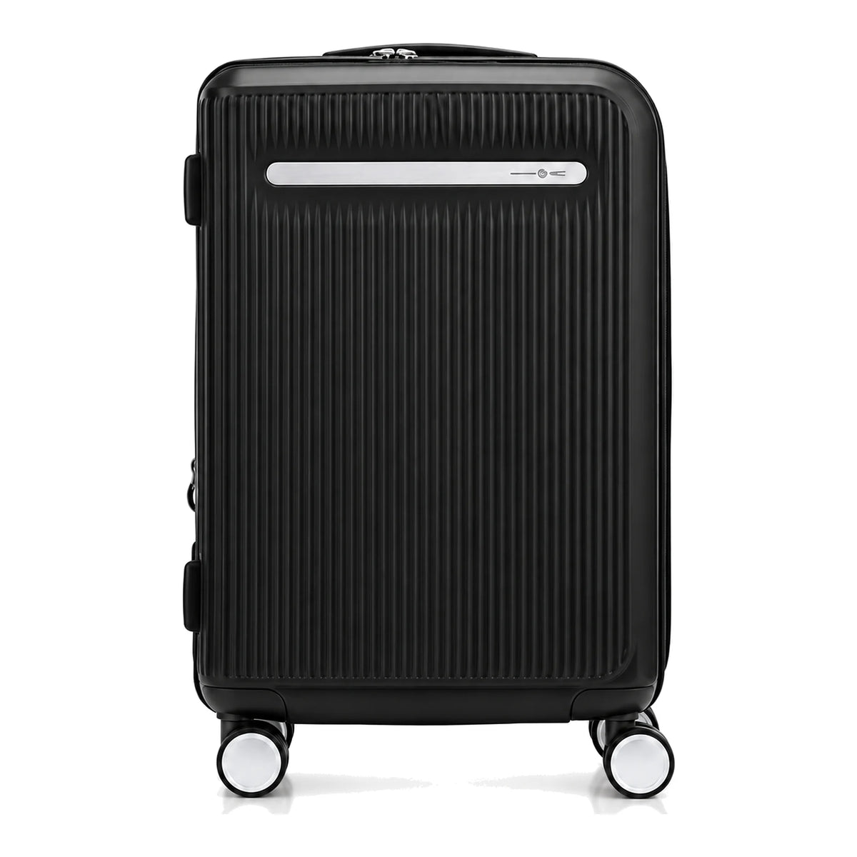 מזוודת טרולי Samsonite Modus בצבע שחור במבט קדמי ישר - מעטפת פוליקרבונט בפסים אנכיים ולוחית לוגו מתכתית