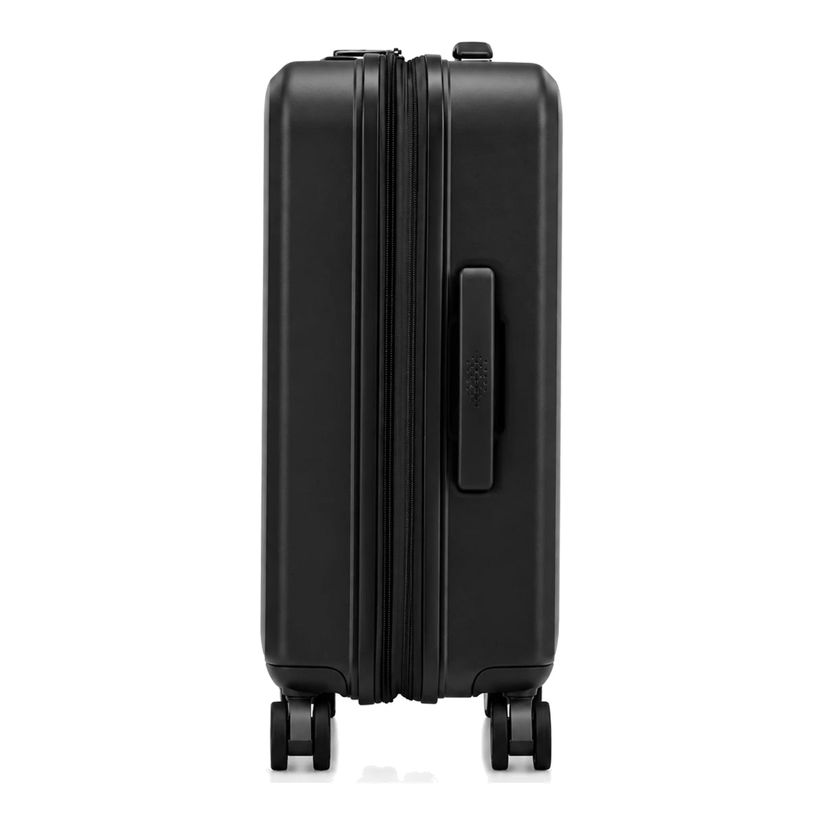 מבט צד של מזוודת הטרולי Samsonite Modus בצבע שחור עם ידית הנשיאה הצידית וגלגלי הספינר הכפולים