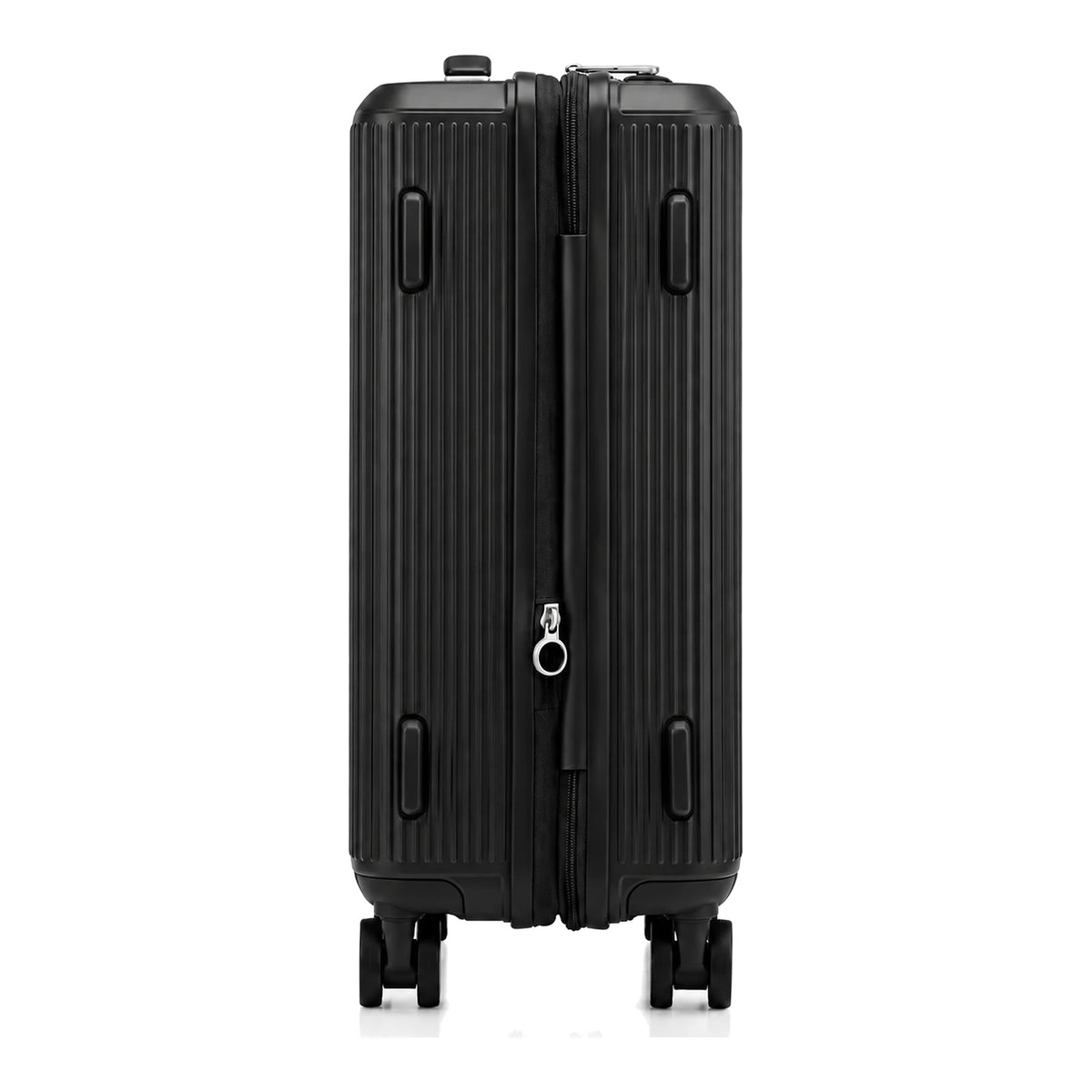 מבט צד של מזוודת הטרולי Samsonite Modus בצבע שחור עם רגליות צד להנחת המזוודה על הצד