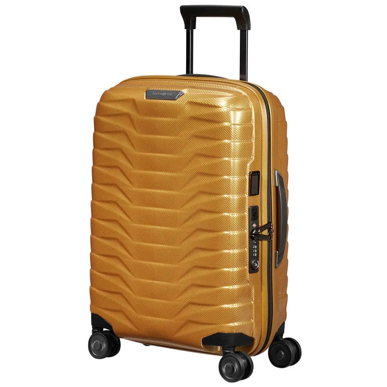 מזוודת טרולי עלייה למטוס Samsonite Proxis 55 ס"מ מתרחבת בצבע זהב דבש, עשויה מחומר Roxkin עמיד לשריטות, מבט זווית