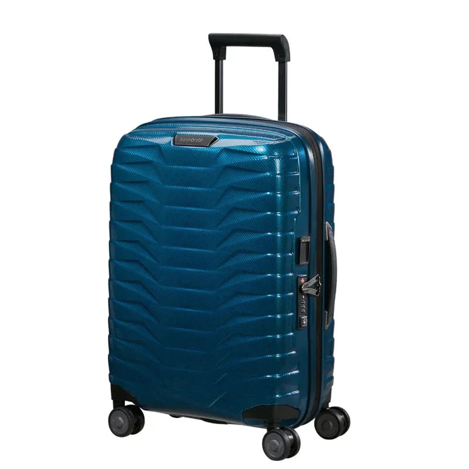 מזוודת טרולי עלייה למטוס Samsonite Proxis 55 ס"מ מתרחבת בצבע כחול פטרול, עשויה מחומר Roxkin קל משקל, מבט זווית