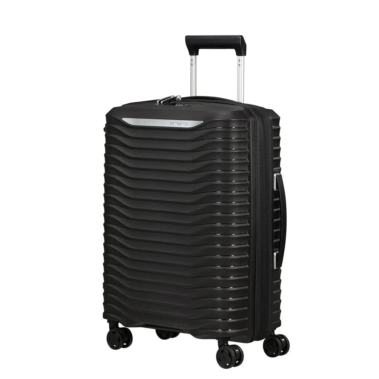 מזוודת טרולי עלייה למטוס Samsonite Upscape עשויה מחומר פוליפרופילן חזק וקל - מבט קדמי בצבע שחור