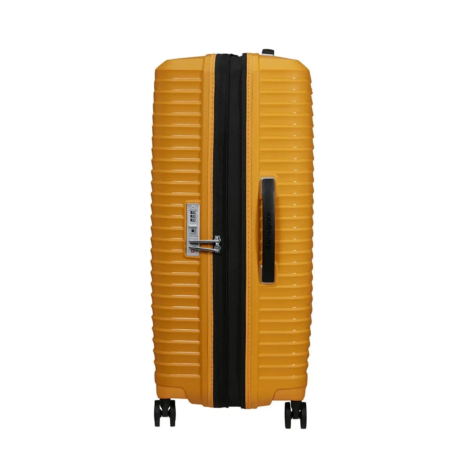 מזוודה מתרחבת Samsonite Upscape בצבע צהוב במבט מהצד - רוכסן הרחבה לתוספת 10% נפח וידית צד נוחה