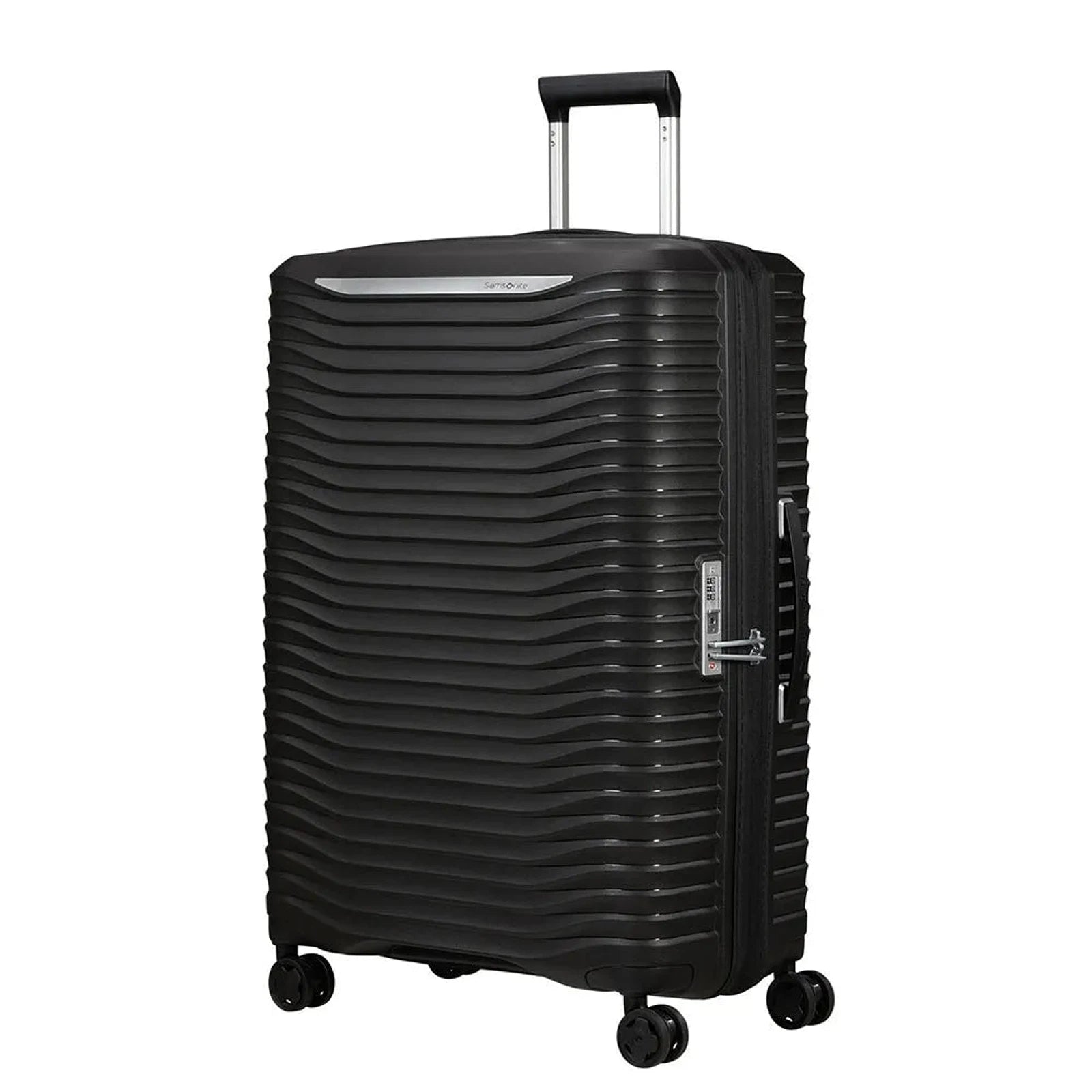 מזוודה גדולה 28 אינץ' קשיחה Samsonite Upscape בצבע שחור, עשויה 100% פוליפרופילן קל וחזק - מבט אלכסוני