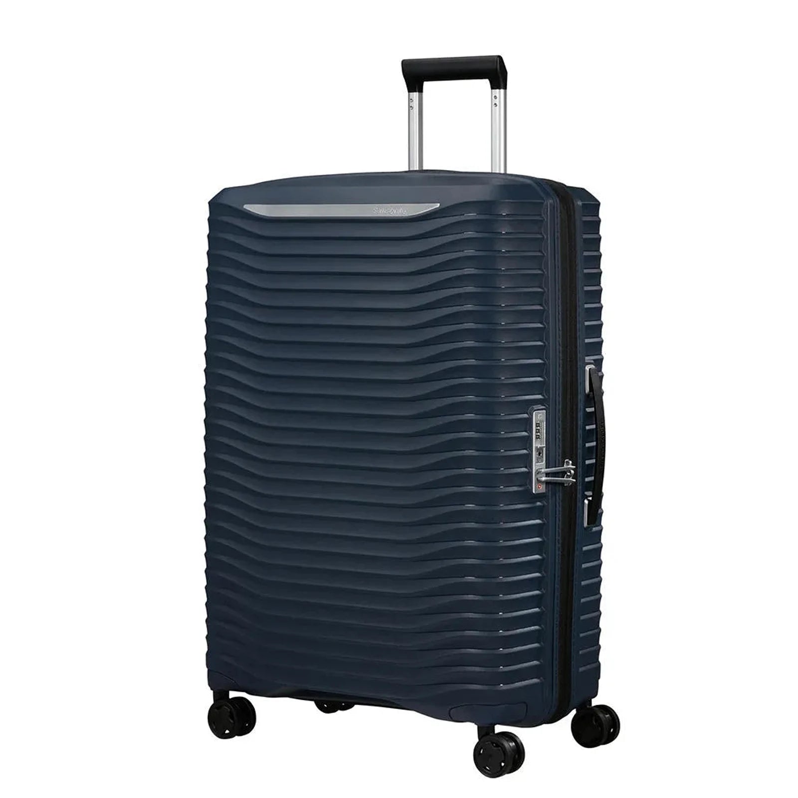 מזוודה גדולה 28 אינץ' קשיחה Samsonite Upscape בצבע נייבי עם מנעול TSA מובנה - מבט אלכסוני מלפנים