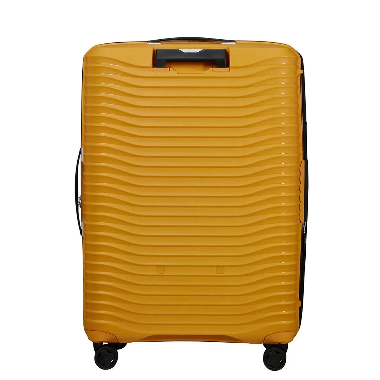 מזוודה קשיחה גדולה Samsonite Upscape בצבע צהוב במבט מאחור - 4 גלגלי סיליקון כפולים ספינר 360 מעלות