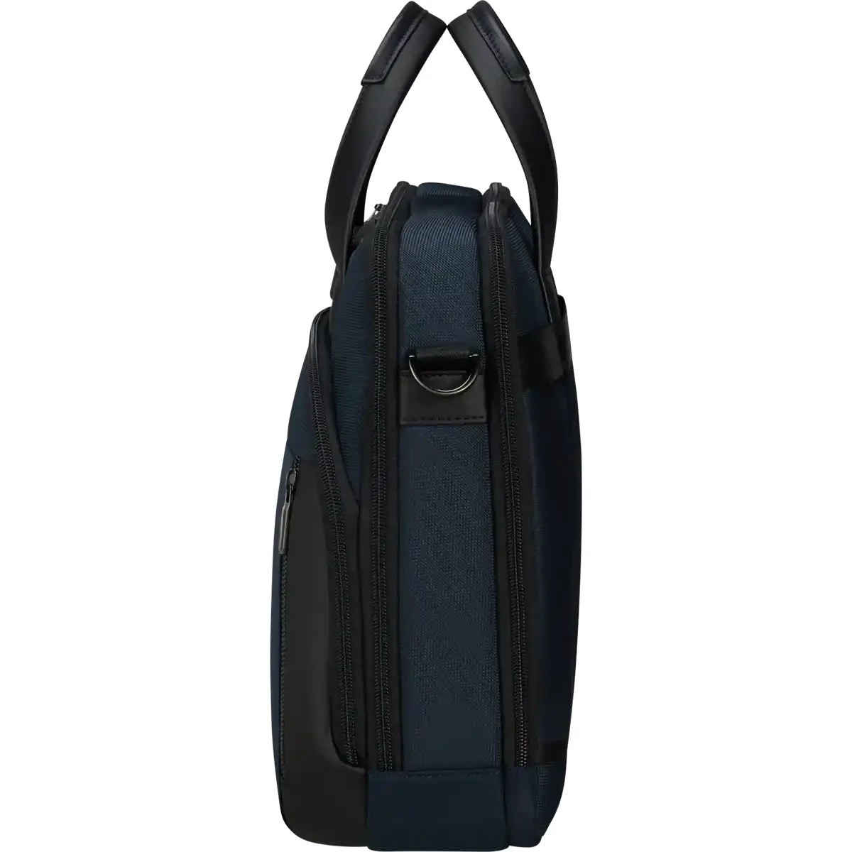 תיק צד עסקי למחשב נייד Samsonite Urban Eye בצבע נייבי, מבט צד פרופיל המציג עומק 12 ס"מ ונפח 18 ליטר