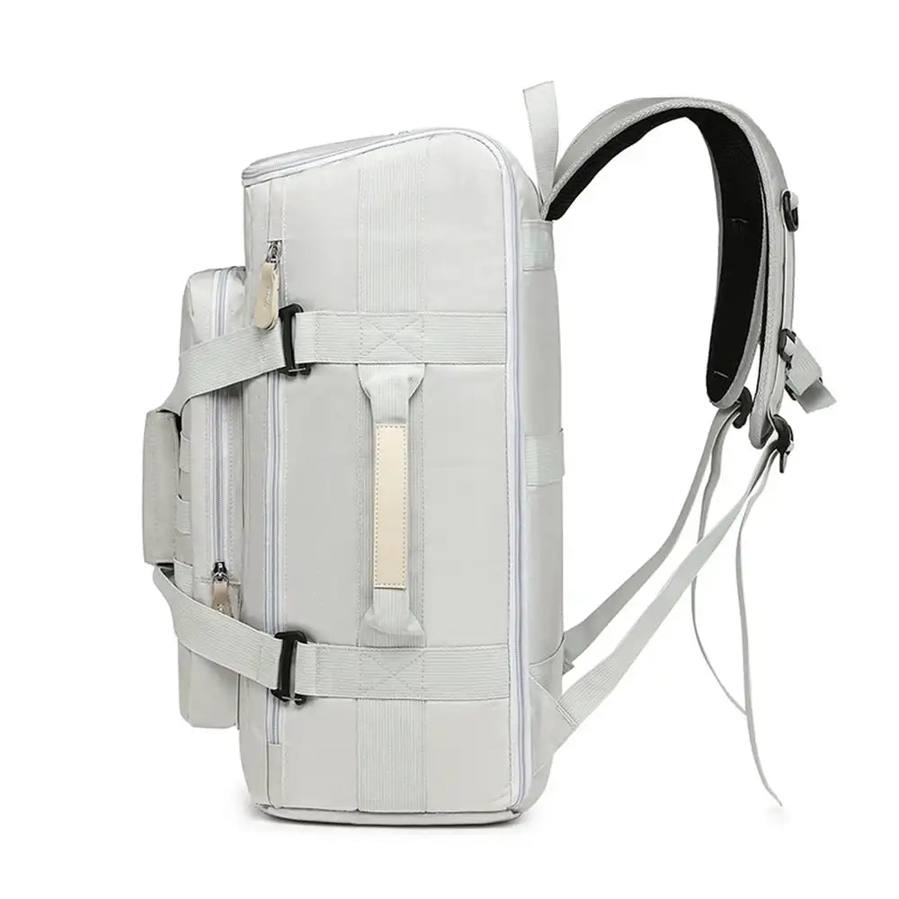 תיק עליה SanTiaoRen SkyPack 42L בצבע אפור, מבט פרופיל צדדי עם ידית נשיאה ורצועות כתף מרופדות
