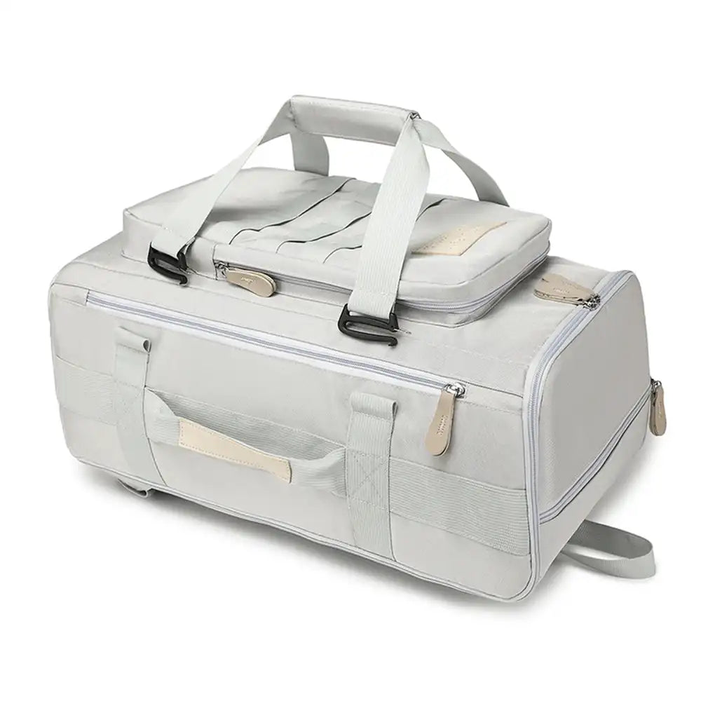 תיק עליה SanTiaoRen SkyPack 42L בצבע אפור במצב אופקי, מבט מלמעלה עם ידיות נשיאה ורוכסן עליון
