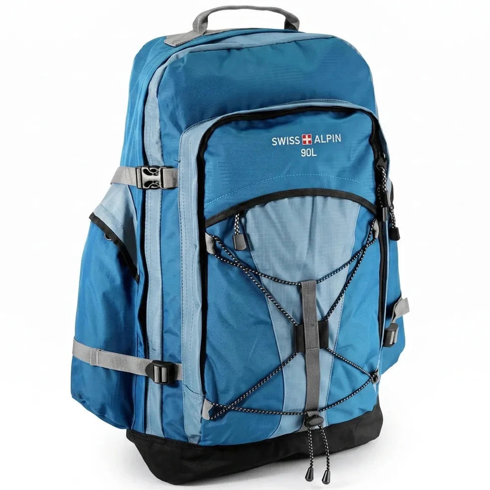תרמיל גב מקצועי 90 ליטר Swiss Alpin AeroVent בצבע כחול, עשוי מבד Ballistic Nylon דוחה מים, מבט מלפנים