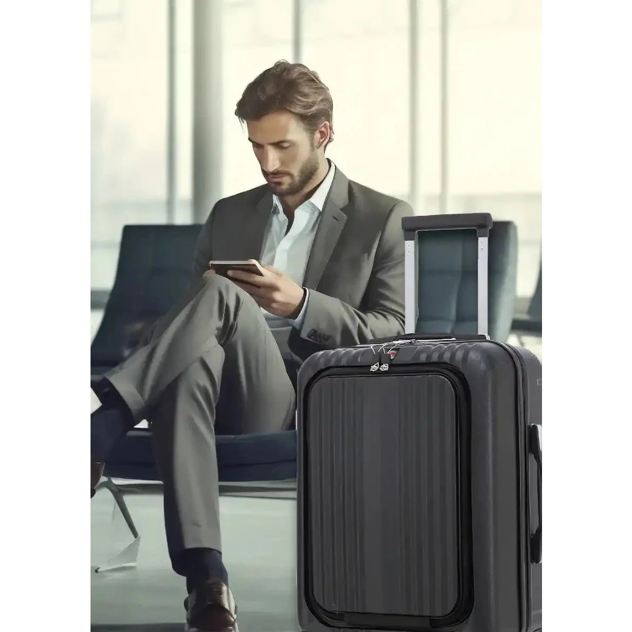 מזוודת טרולי עסקים שחורה SWISS Executive עליה למטוס עם תא לפטופ קדמי ומנעול TSA בטרמינל