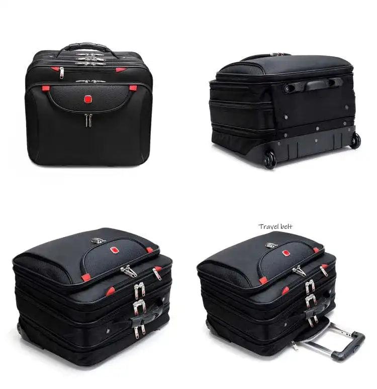 תיק טרולי עסקי Swiss Executive Glide 18 אינץ׳ קולאז׳ ארבע זוויות מלפנים, צד, מעל ותלת-רבעי עם ידית טרולי אלומיניום