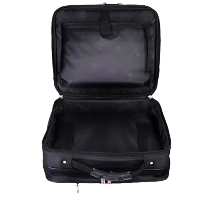 תיק טרולי עסקי Swiss Executive Glide 18 אינץ׳ תא מרכזי פתוח ריק, בטנה שחורה עם לוגו וגישה נוחה לאחסון ביגוד ומסמכים