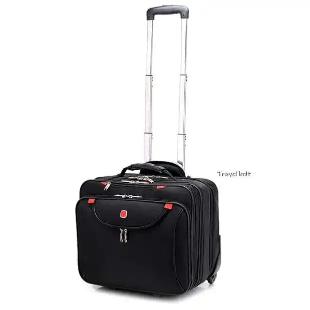 תיק טרולי עסקי Swiss Executive Glide 18 אינץ׳ במבט צד עם ידית טרולי אלומיניום שלופה לגובה מלא ושני גלגלי סיליקון שקטים