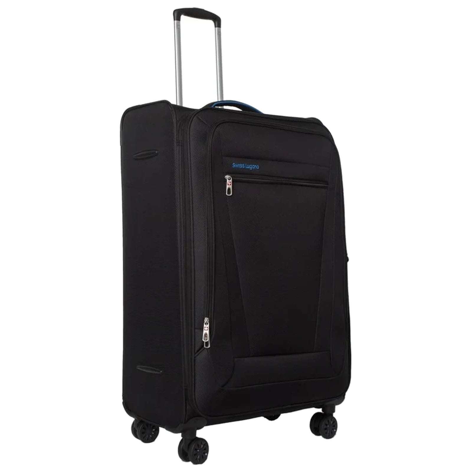 מזוודת טרולי 20 אינץ' בד לעלייה למטוס SWISS דגם LUGANO GoLite בצבע שחור - מבט קדמי בזווית