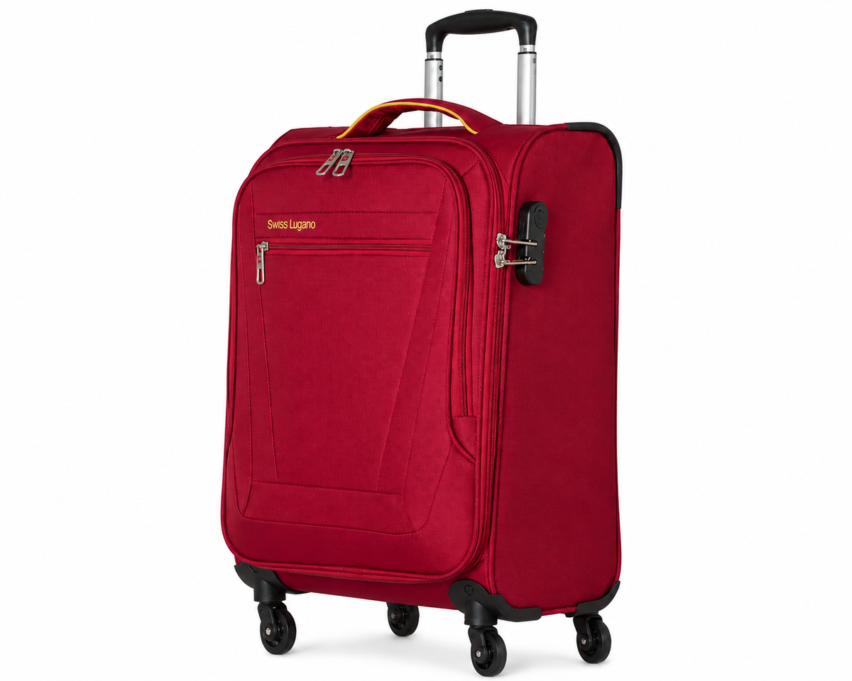מזוודת טרולי 20 אינץ' בד לעלייה למטוס SWISS דגם LUGANO GoLite בצבע אדום - מבט קדמי עם ידית טלסקופית וגלגלי ספינר