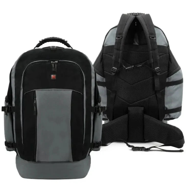 תיק גב SWISS STAR 90L אפור בתצוגה משולבת של מבט חזית ומבט גב עם רצועות תמיכה אורתופדיות