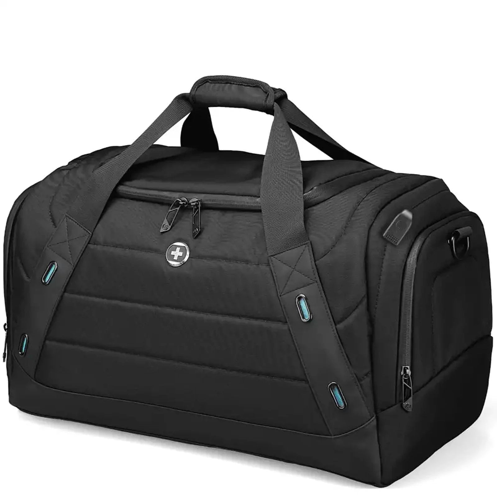 תיק חדר כושר ונסיעות SwissDigital BLADE 45L בצבע שחור, עשוי מבד בליסטיק ניילון דוחה מים עם שקע USB, מבט מלפנים