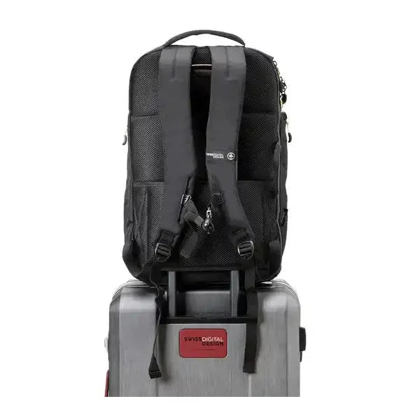 גב ארגונומי של SwissDigital JAVA SD805 עם רצועת הלבשה על מזוודת טרולי, גב מרופד Lumar