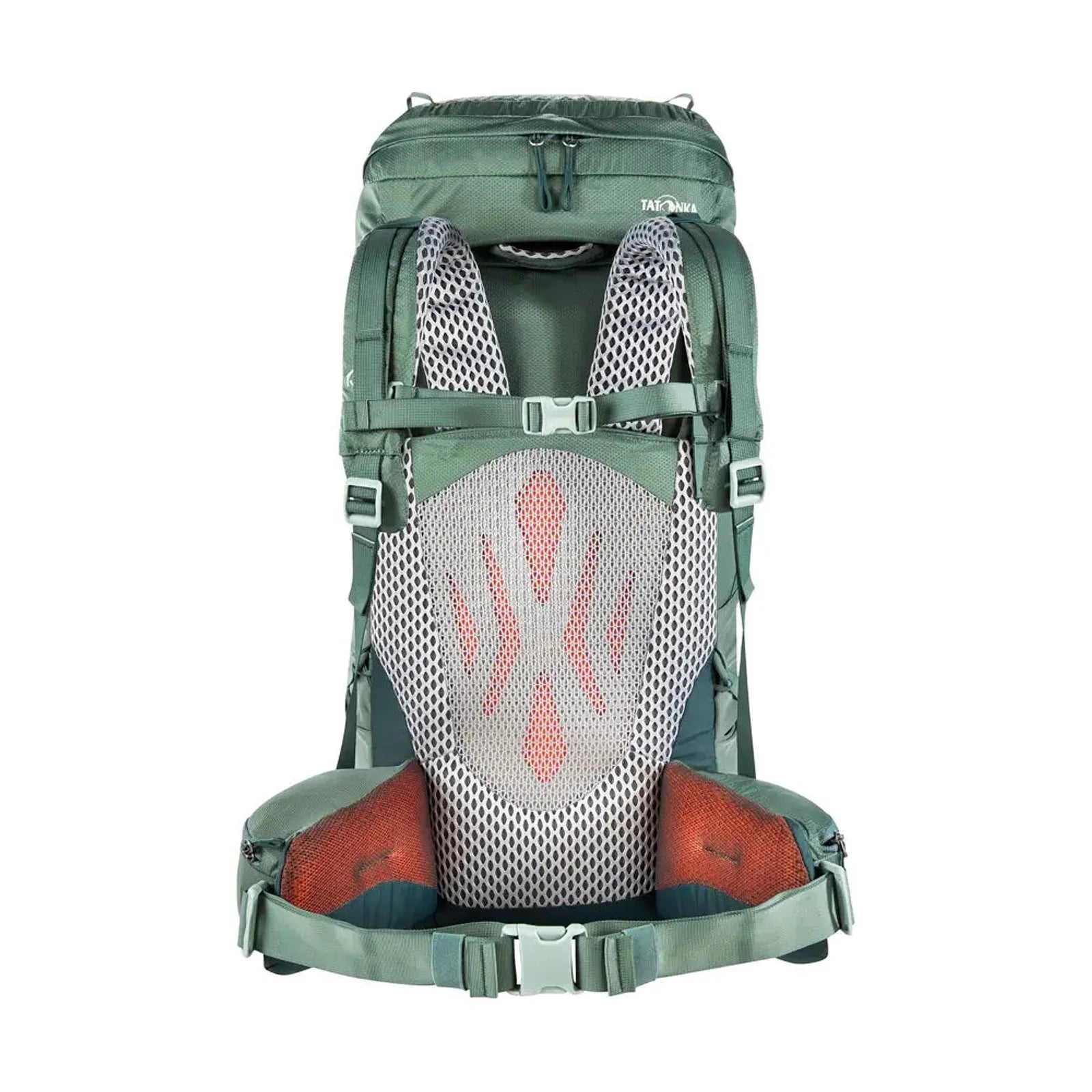 תרמיל גב לטרקים TATONKA Pyrox 45+10 בצבע ירוק, מערכת גב Frame Comfort Light עם רצועת מותן מרופדת