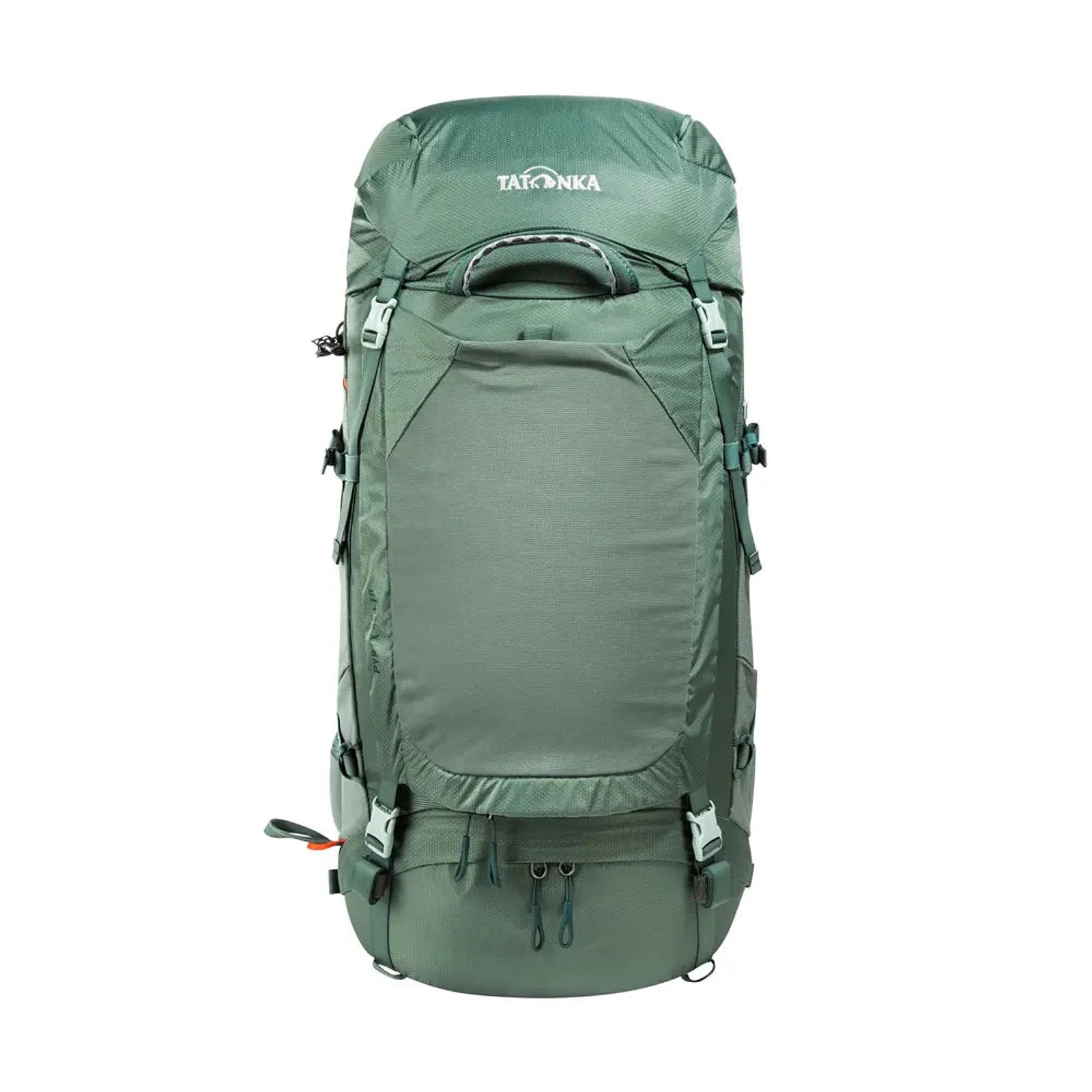תרמיל גב לטרקים TATONKA Pyrox 45+10 בצבע ירוק, נפח 55 ליטר עם אריג Eco 420 Nylon HD, מבט מלפנים