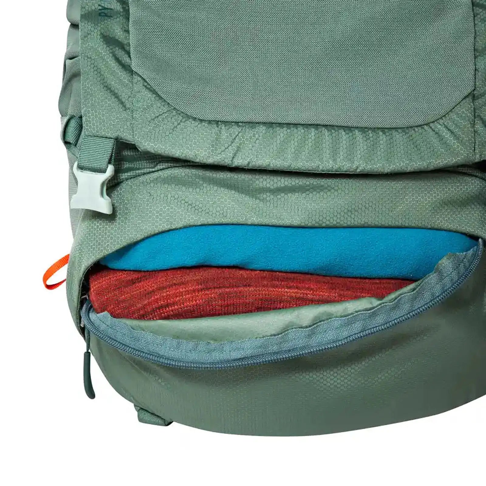 תרמיל טיולים TATONKA Pyrox 45+10 בצבע ירוק, תצוגת כיס אחסון קדמי עם תא חיצוני לציוד זמין