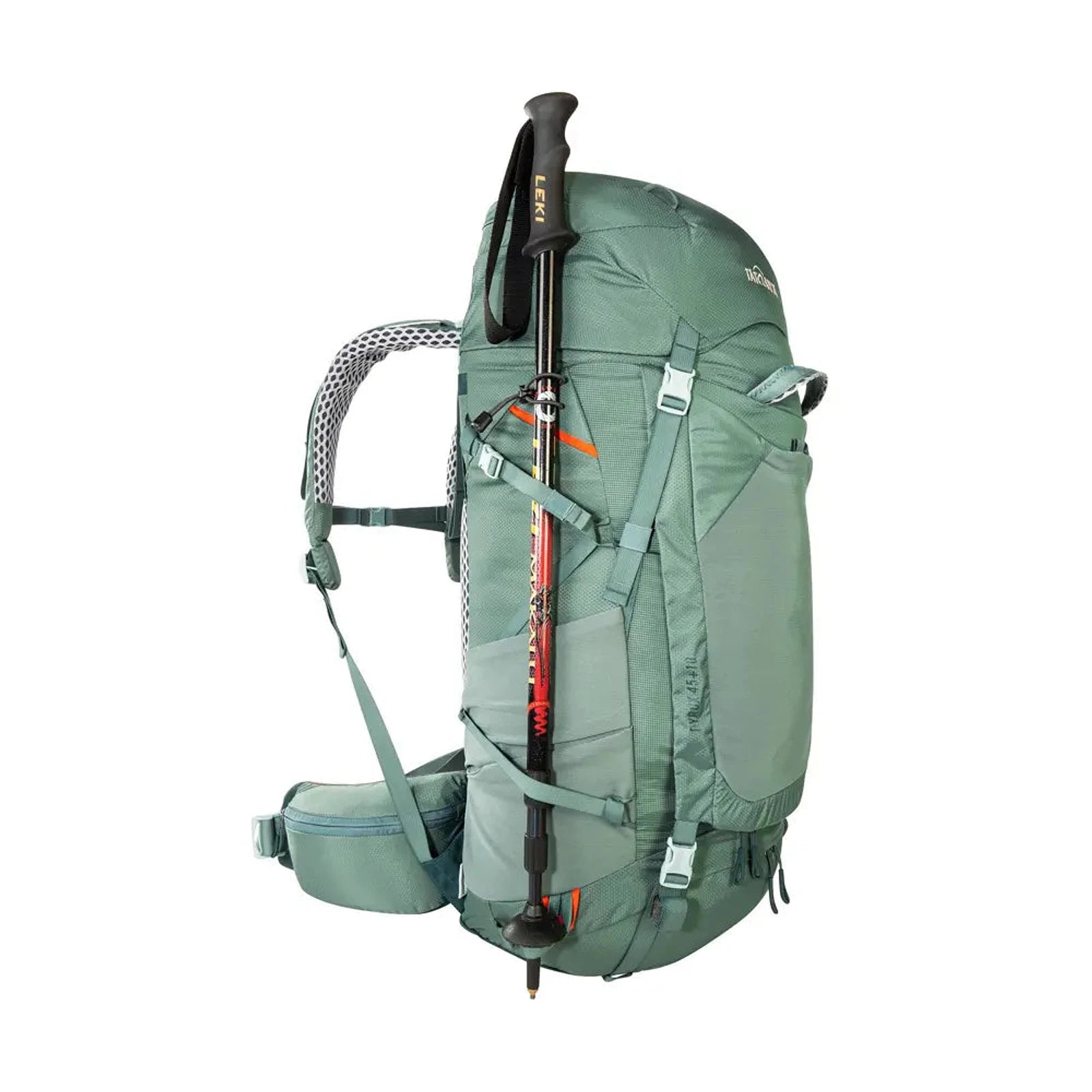 תרמיל טרקים TATONKA Pyrox 45+10 בצבע ירוק, מבט צדדי עם התקן נשיאת מקלות הליכה והרחבת 10 ליטר