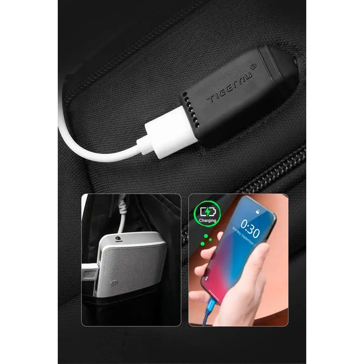 חיבור USB חיצוני של תיק גב Tigernu 17 אינץ׳ עם powerbank פנימי לטעינת סמארטפון תוך כדי הליכה