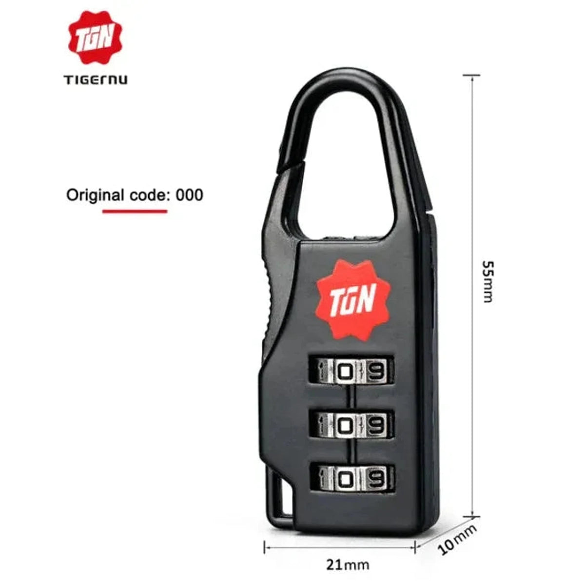 מנעול קומבינציה Tigernu שחור עם מידות 55×21×10 מ"מ, קוד ברירת מחדל 000, מתאים לארוניות, מבט צד