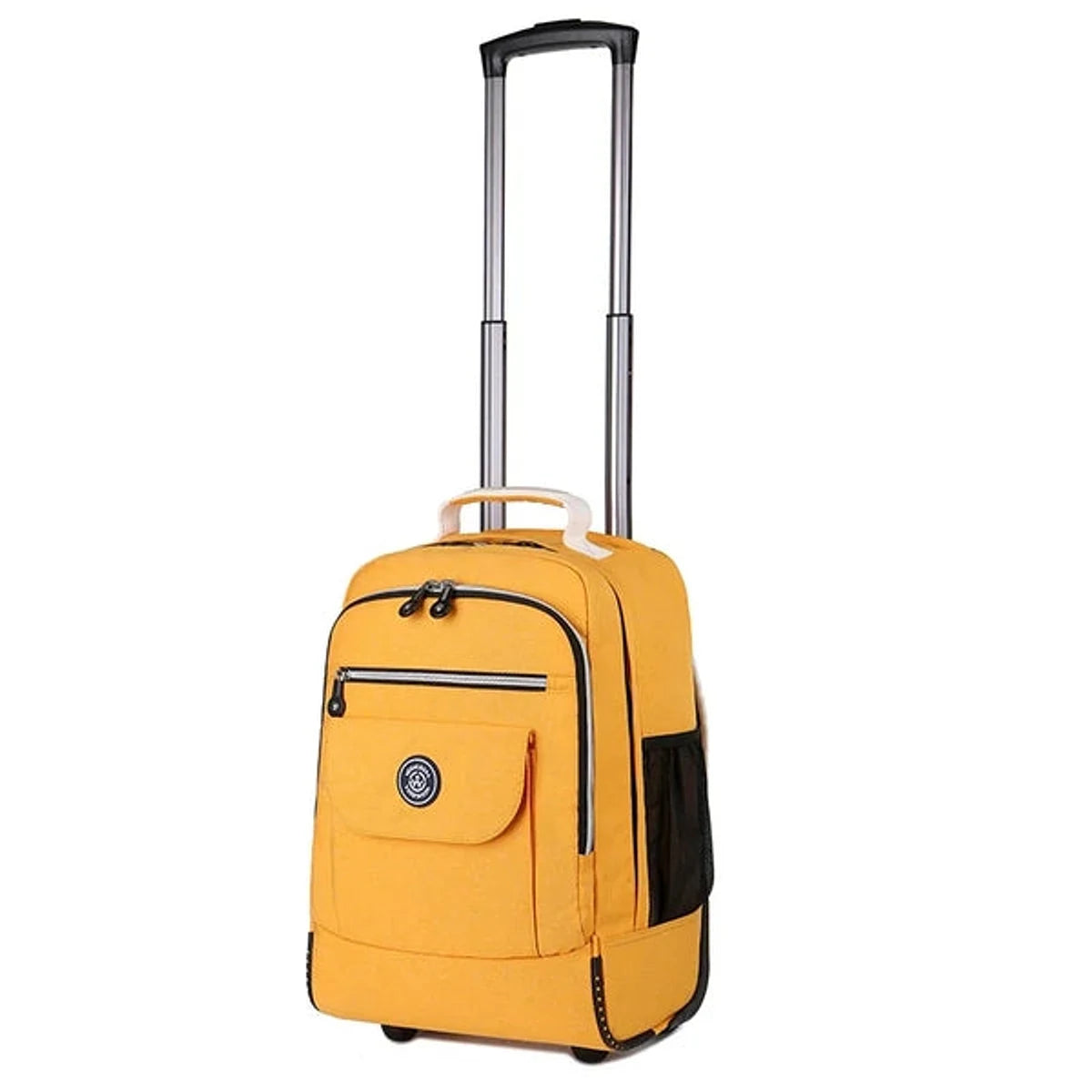תיק גב טרולי AIR ROLL הצהוב עם ידית טרולי נשלפת פתוחה לגובה, כיס קדמי וכיס רשת צדדי