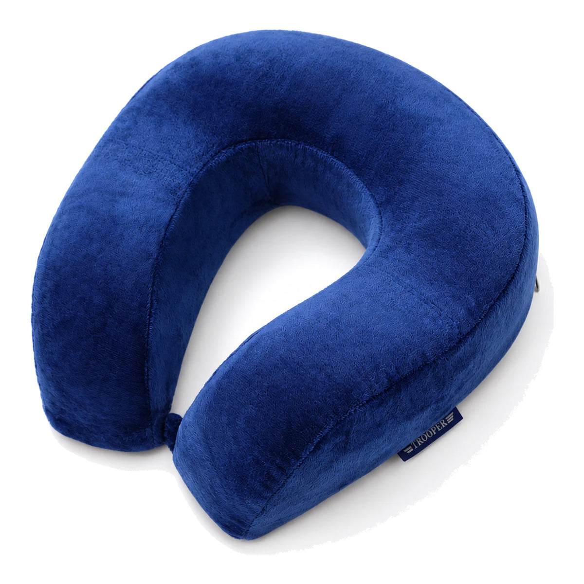כרית טיסה אורתופדית TROOPER ממולאת קצף זיכרון Memory Foam בצבע נייבי, בד קטיפה רך, מבט מלפנים