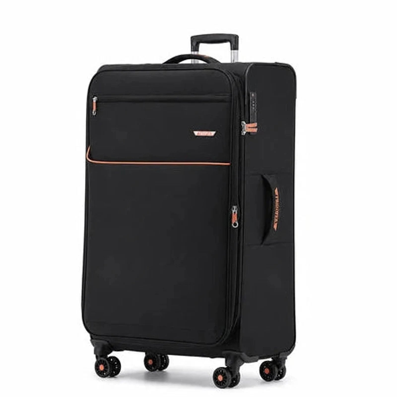 מזוודת TROOPER Montreal B-lite II גדולה 28 אינץ' צבע שחור, בד עם פרטים כתומים, 4 גלגלי ספינר ומנעול TSA מובנה