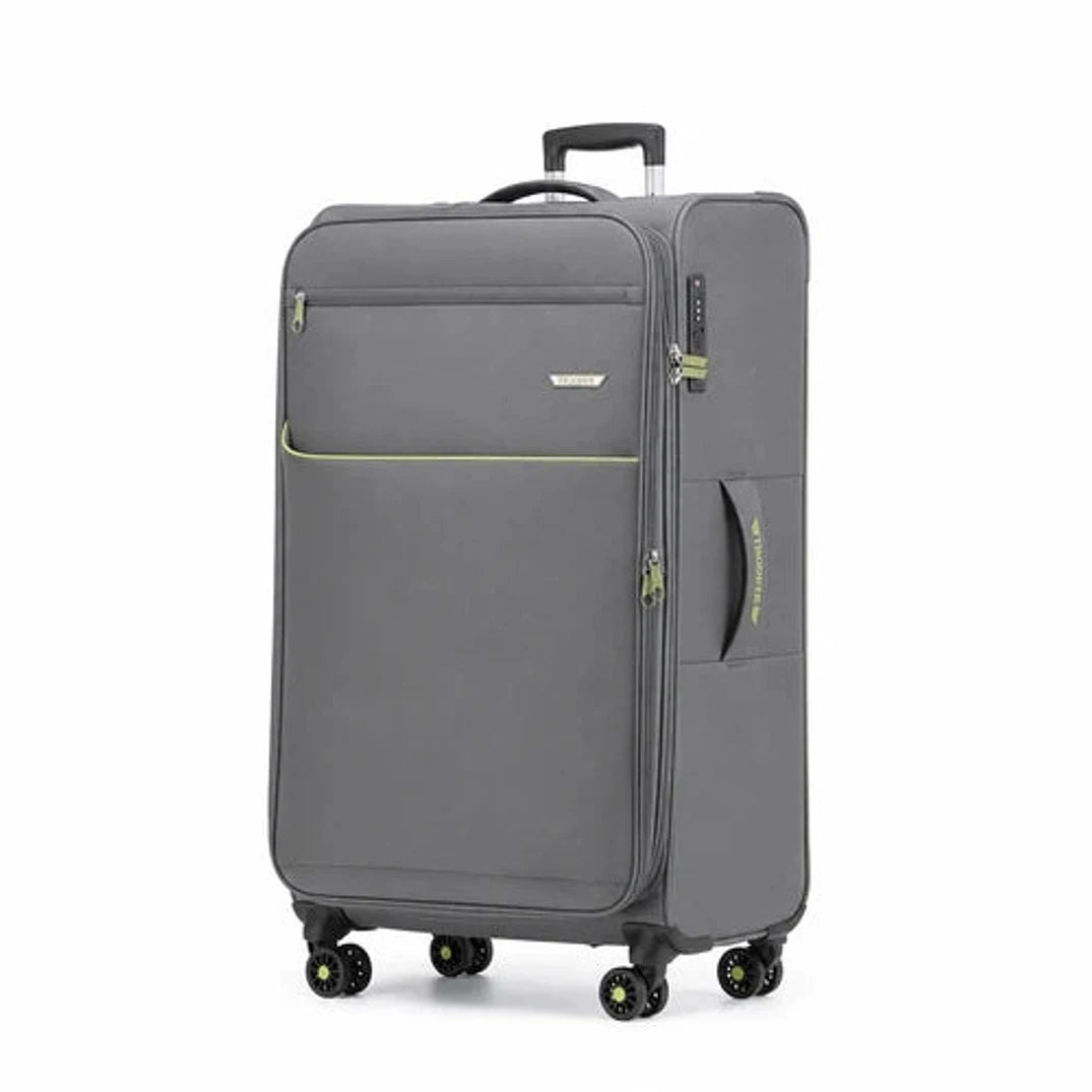 מזוודת TROOPER Montreal B-lite II גדולה 28 אינץ' צבע אפור עם פרטי ירוק, בד פוליאסטר קשיח, אולטרה לייט 2.9 ק"ג בלבד