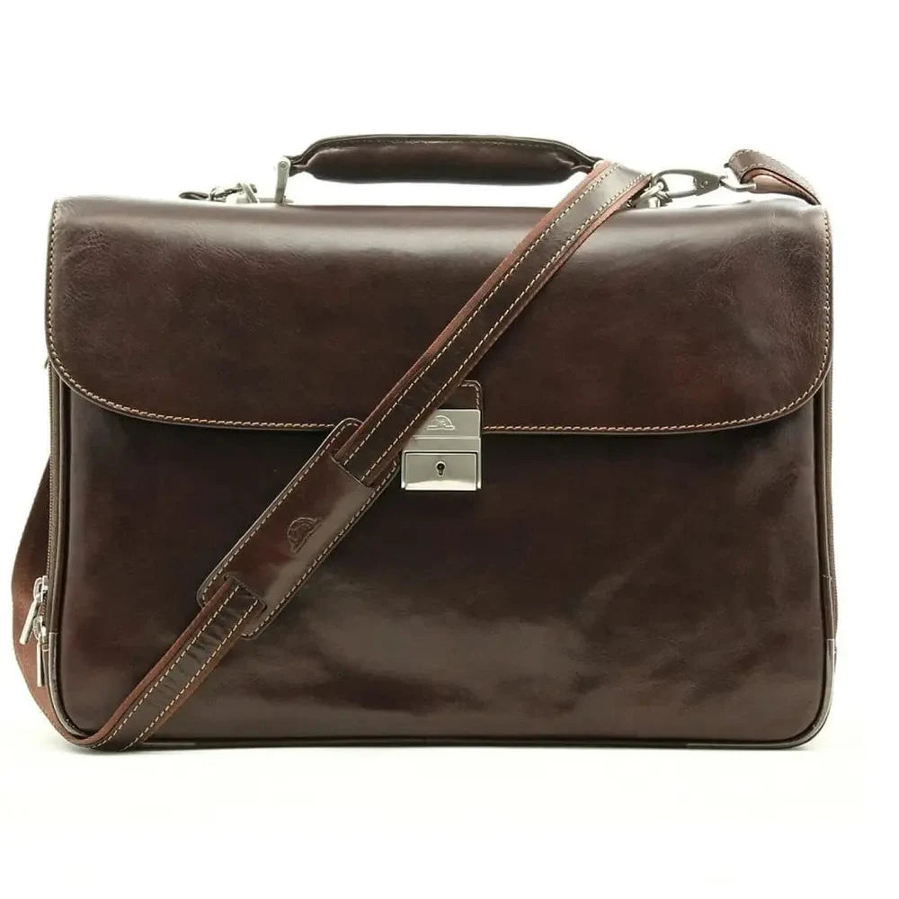 תיק עור TRUSSARDI Vittorio למחשב 15.6 אינץ' בצבע חום, עשוי עור איטלקי איכותי, עם רצועת כתף מתכווננת