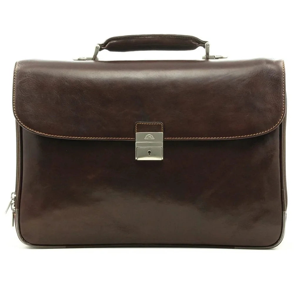 תיק עור ברידג' איטלקי TRUSSARDI Vittorio בצבע חום, עשוי עור אמיתי, מבט חזית עם סגר מנעול ותפרים מוקפדים
