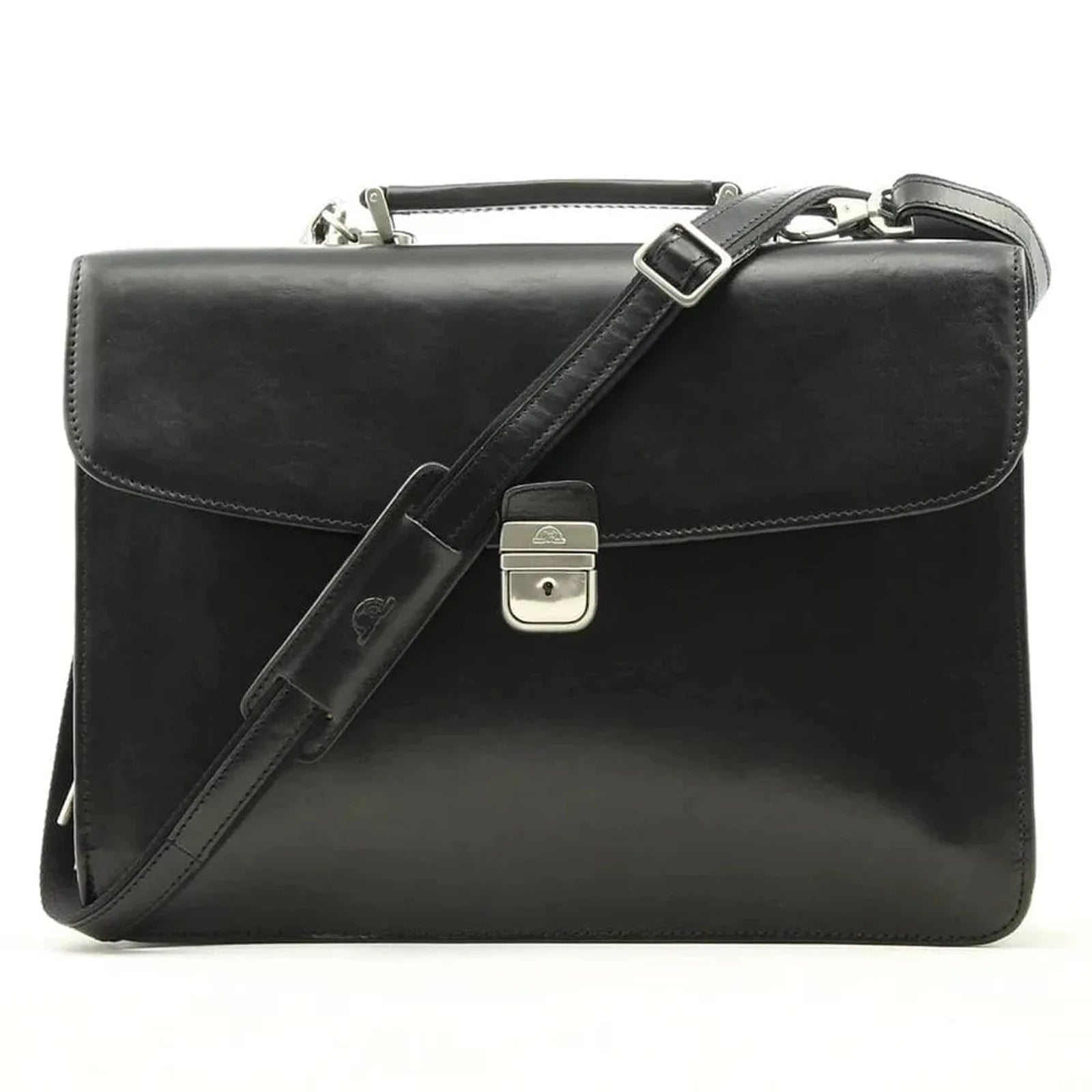 תיק עור TRUSSARDI Vittorio Roma בצבע שחור עם רצועת כתף מתכווננת נשלפת, עשוי עור איטלקי אמיתי, מבט מלפנים