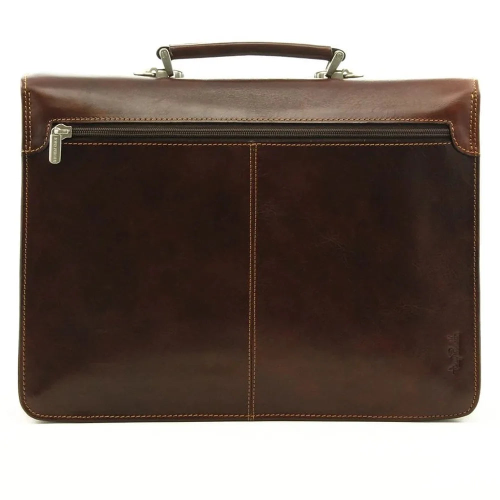 תיק עור TRUSSARDI Vittorio Roma בצבע חום, מבט מאחור עם כיס רוכסן נוסף, עשוי עור איטלקי אמיתי עמיד