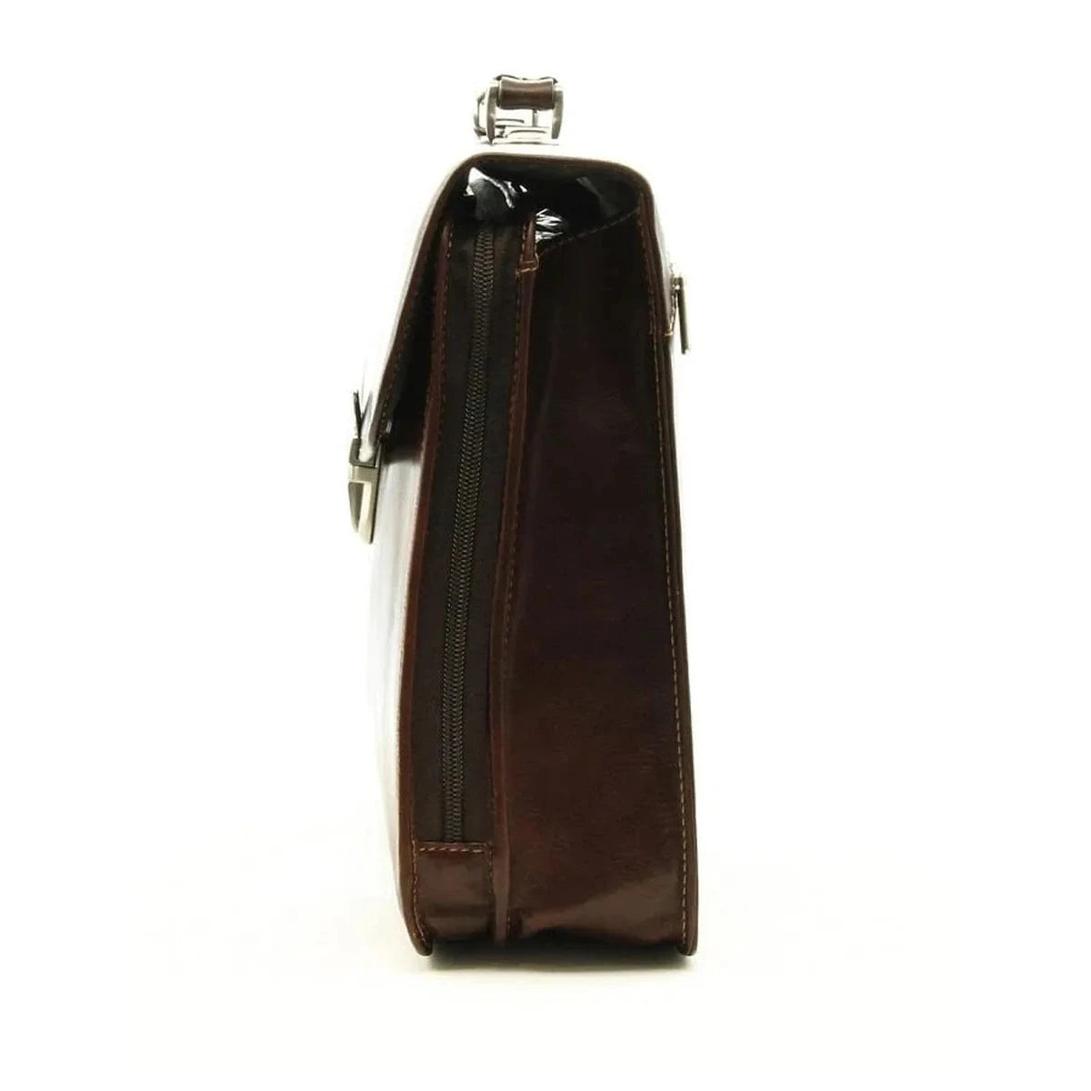 תיק עור TRUSSARDI Vittorio Roma בצבע חום, מבט מהצד עם רוכסן היקפי ומידות 39x29x10 סמ