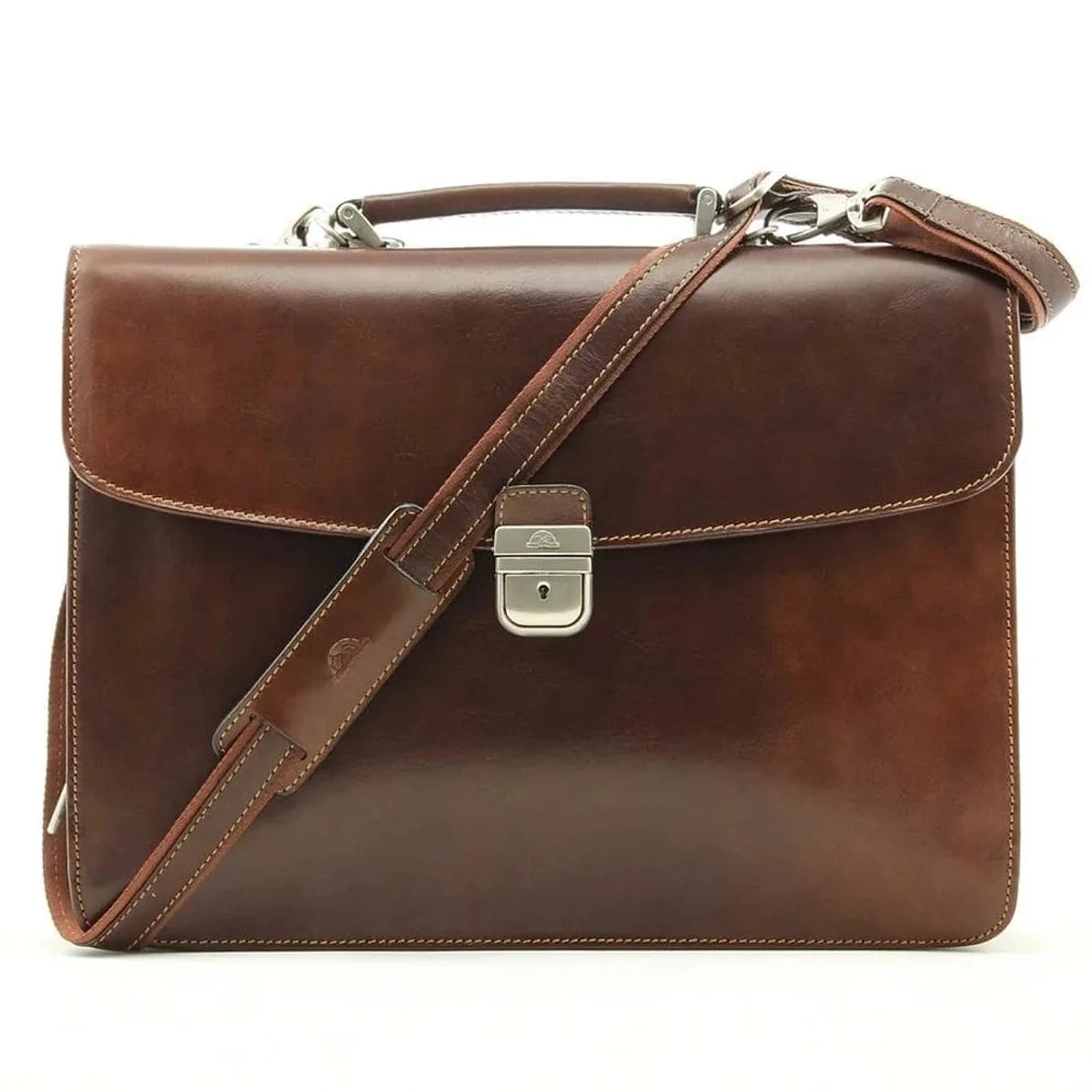 תיק עור TRUSSARDI Vittorio Roma בצבע חום עם רצועת כתף מתכווננת נשלפת, עשוי עור איטלקי אמיתי, מבט מלפנים