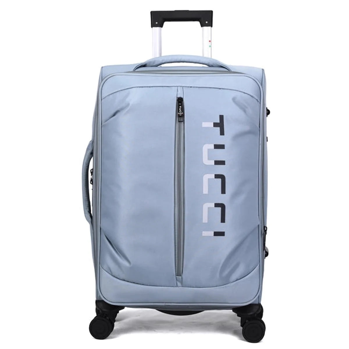 מזוודת בד TUCCI LEGGERO 24 אינץ׳ אפור בהיר, מבט קדמי, בד אוקספורד עם לוגו TUCCI אנכי וגלגלי ספינר כפולים