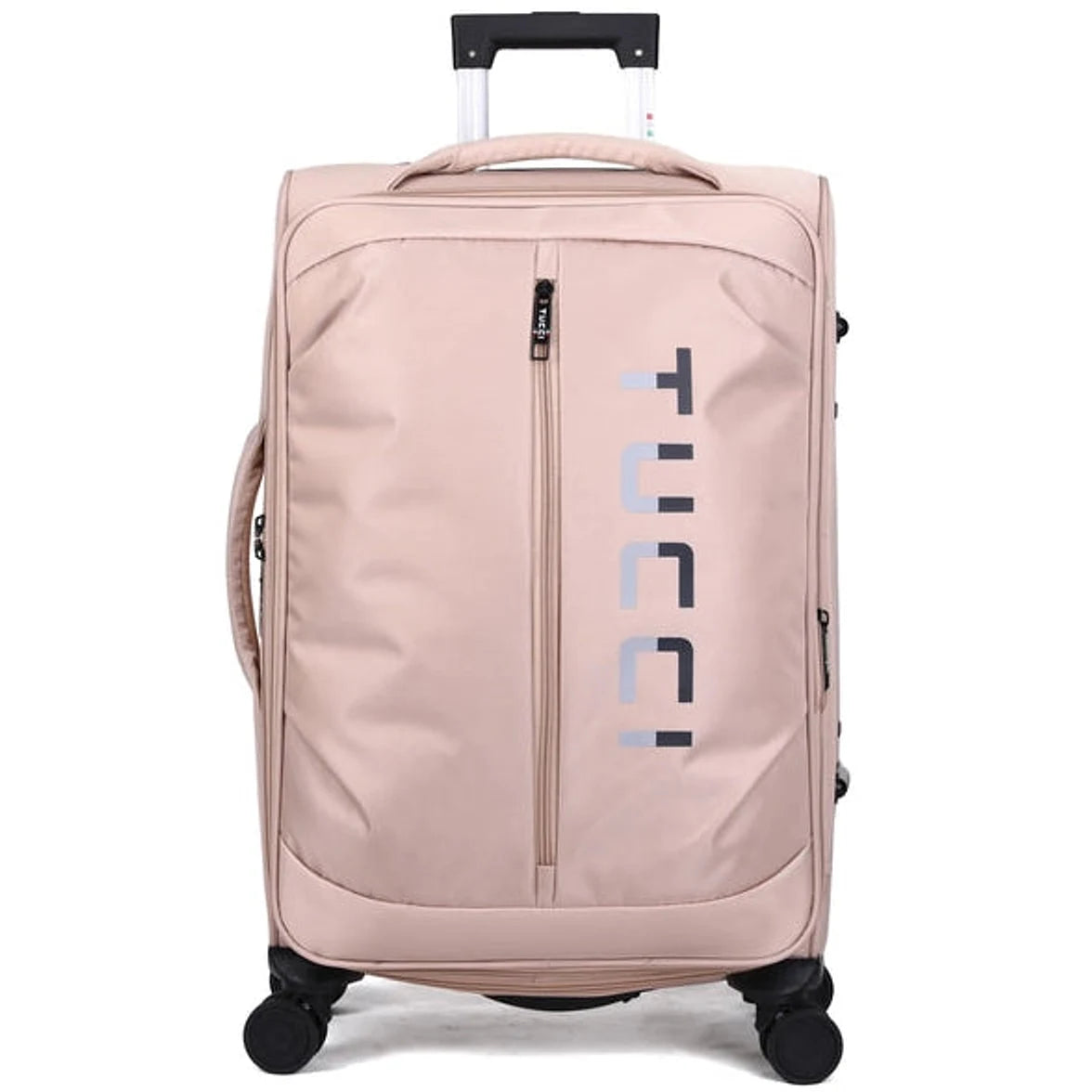 מזוודת בד TUCCI LEGGERO 28 אינץ׳ ורוד בז', מבט קדמי, בד אוקספורד עם לוגו TUCCI אנכי וגלגלי ספינר כפולים