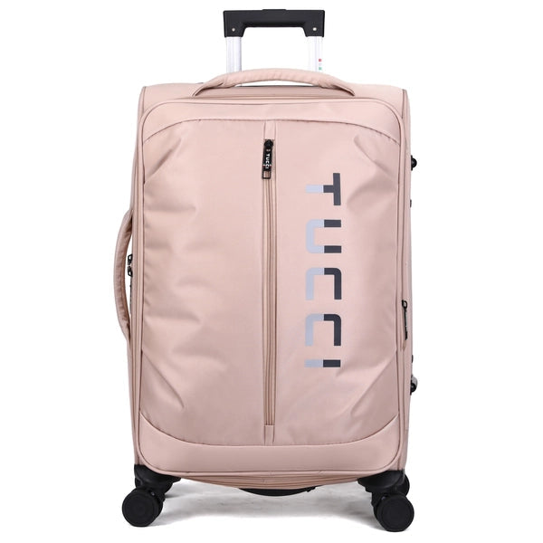 סט מזוודות בד TUCCI LEGGERO סט שלוש מזוודות ורוד בז', מבט קדמי, בד אוקספורד עם לוגו TUCCI אנכי וגלגלי ספינר כפולים