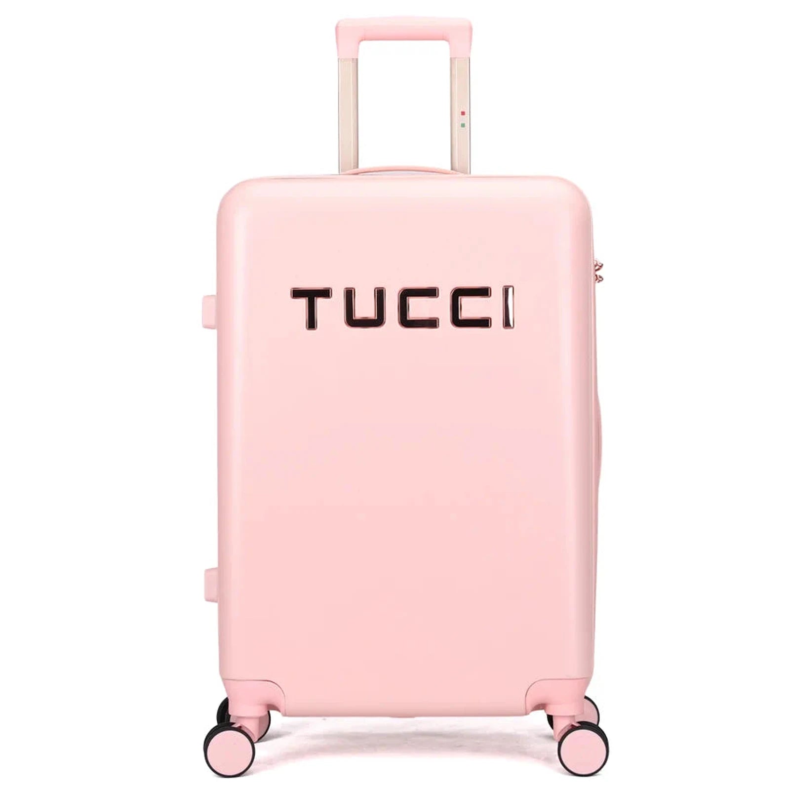מזוודת טרולי עליה למטוס 20 אינץ' קשיחה מתרחבת TUCCI דגם RECCOLTO בצבע ורוד עם לוגו, מרקם מוברש עמוק ומנעול TSA, מבט מלפנים