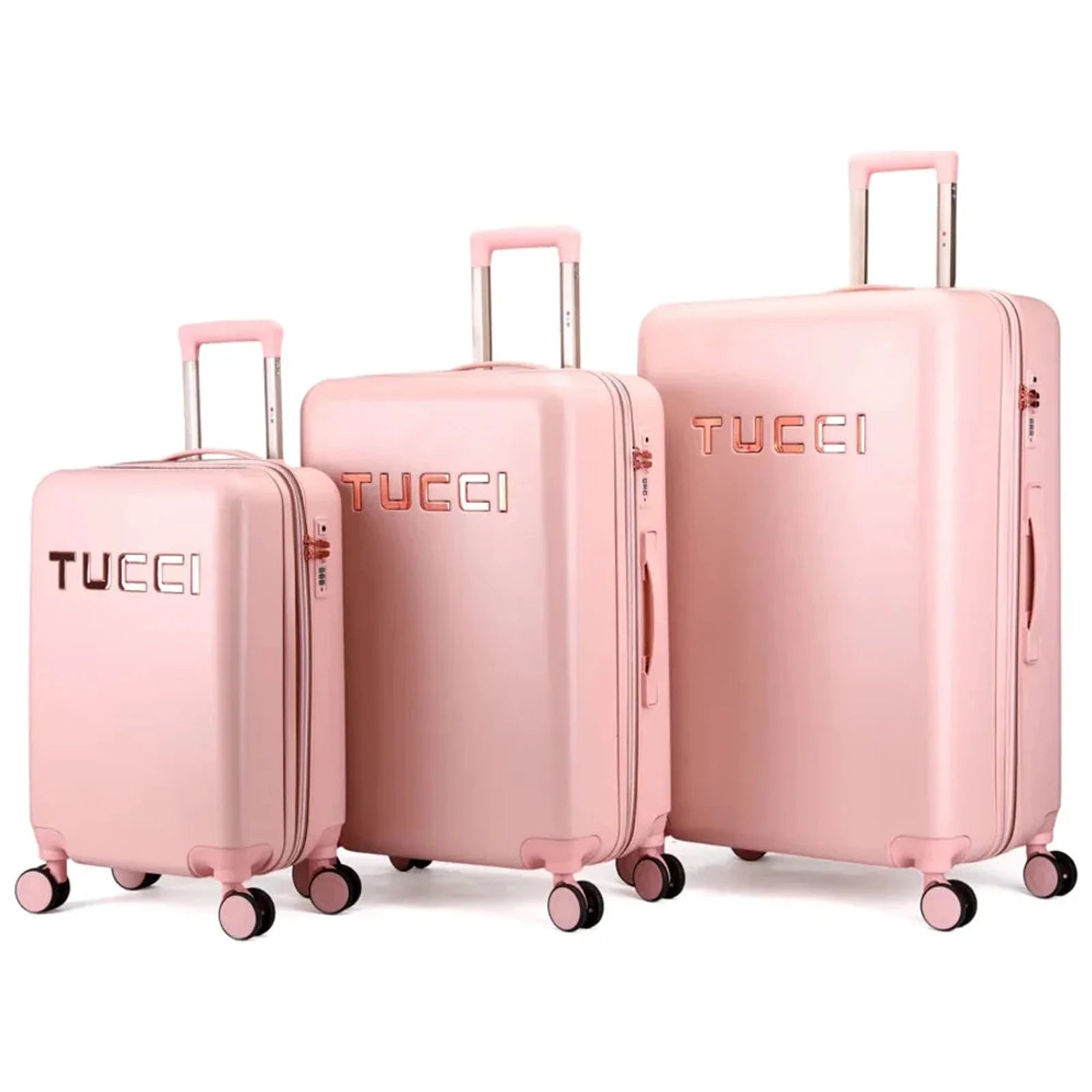 סט שלוש מזוודות קשיחות מתרחבות TUCCI דגם RECCOLTO בצבע ורוד, עיצוב איטלקי עם מנעול TSA וגלגלי ספינר, מבט תלת רבעי